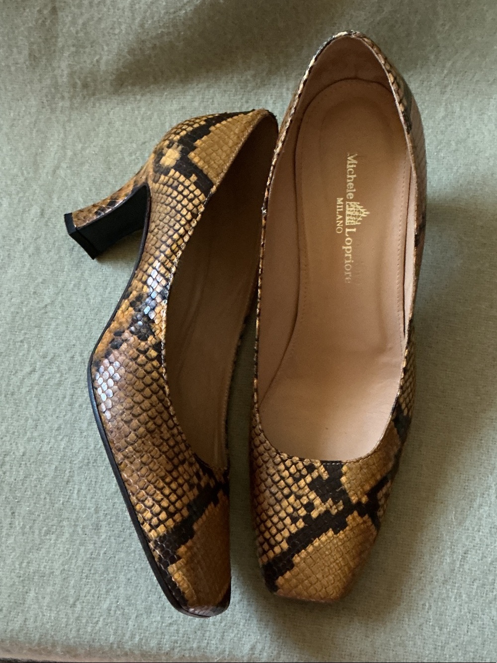 Michele Loport Milano Yellow Snake-Print Block Heel Pumps
